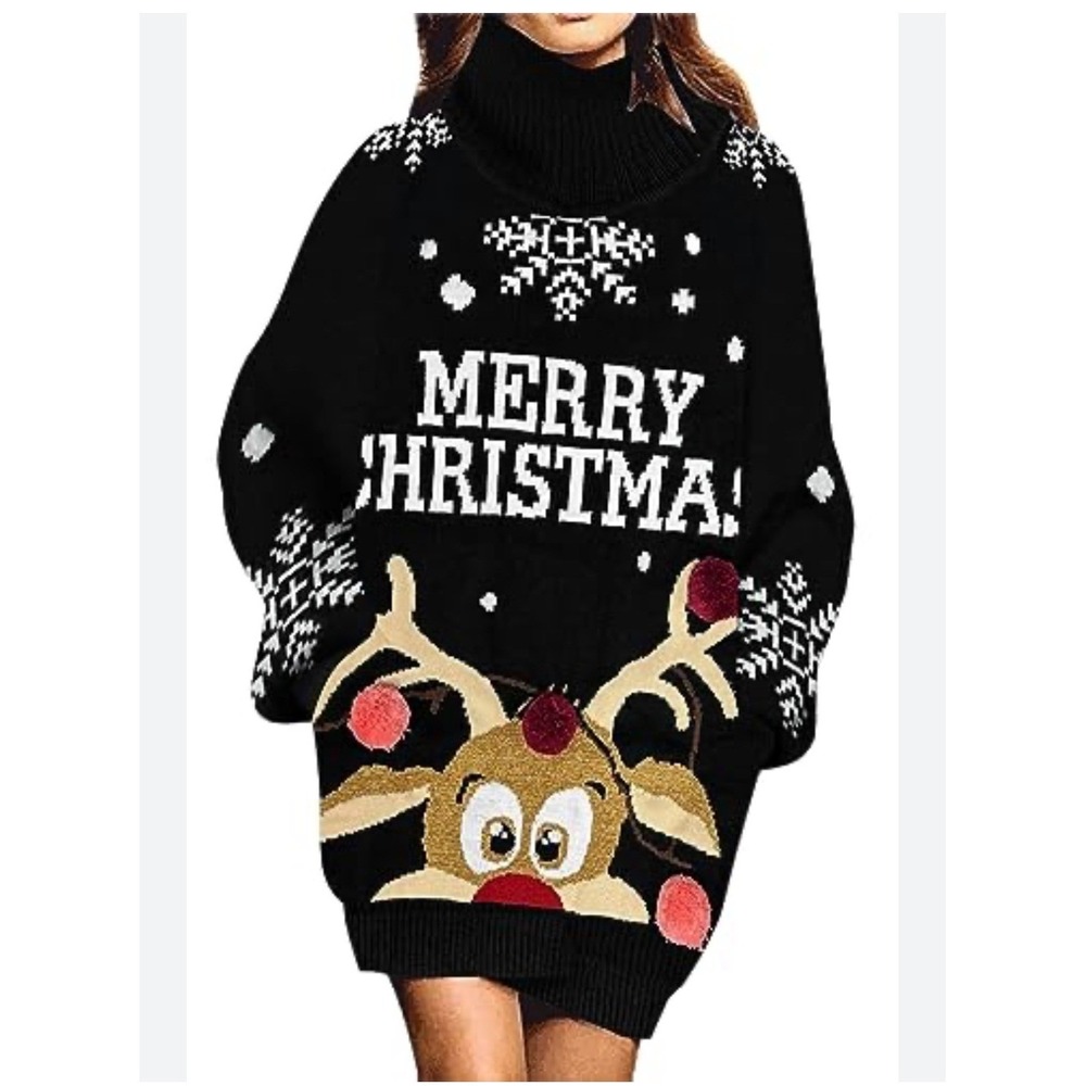 Black Reindeer Merry Christmas Turtle Neck Ugly Sweater‎ Dress Pockets XL
